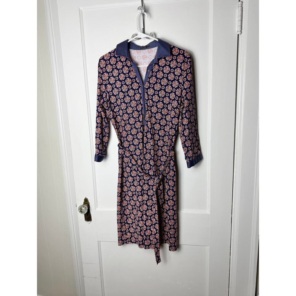J. McLaughlin Blue Orange Floral Medallion Catalina Cloth Belted Stretch Dress M